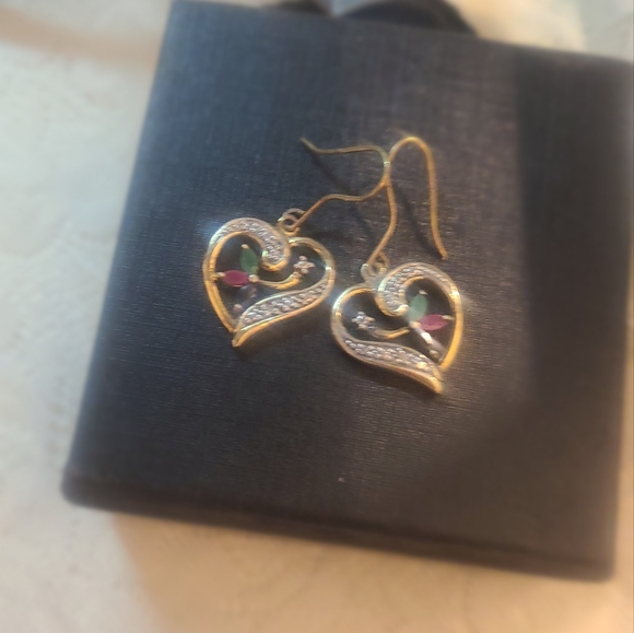 Natural Ruby,Emerald,& Saphire accented by White Diamonds Earrings - Picture 2 of 8